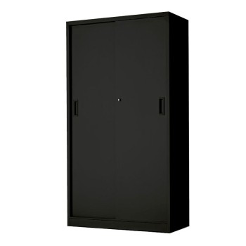 armario metálico negro con cerradura y puertas correderas