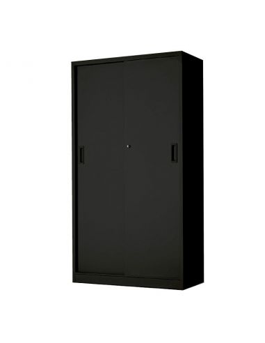 armario metálico negro con cerradura y puertas correderas