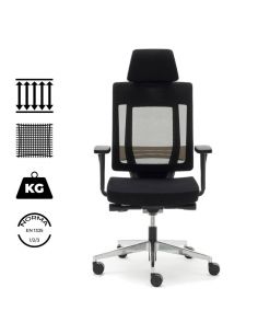 Silla resistente Montreal, con malla técnica reforzada y asiento relleno de espuma de alta densidad de alta resistencia.