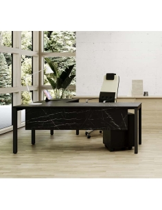 Mesa de trabajo y oficina Flink de Kesta. Con acabado en melamina tipo mármol.