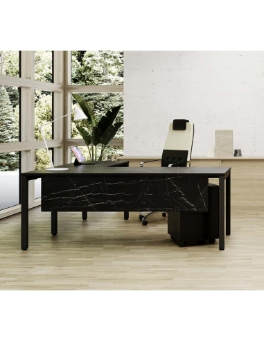 Mesa de trabajo y oficina Flink de Kesta. Con acabado en melamina tipo mármol.