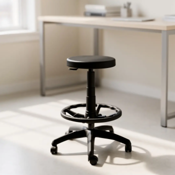 Taburete laboratorio. Con aro reposapiés regulable en altura. Asiento en poliuretano de alta resistencia. Color negro.