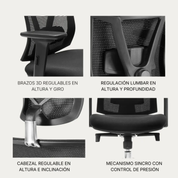 Silla ergonómica Ankara con cabezal y brazos 3D | Laoficinaonline