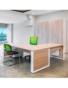 Mesa despacho Omega con ala auxiliar escritorio de JGorbe en olmo y blanco