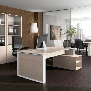 Mesa despacho con mueble auxiliar serie Omega de JGorbe en olmo y blanco