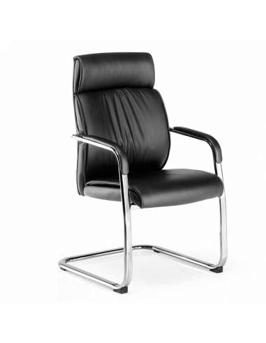 Silla de confidente con brazos Moscú. Base patín en acero cromado. Tapizado negra en ecopiel de alta calidad.