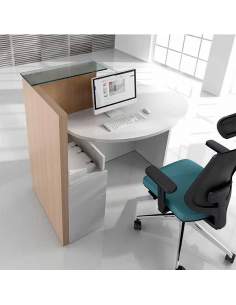 Mostrador Ovo, con armario con cierre de seguridad, repisa de cristal y mesa de atención al cliente.