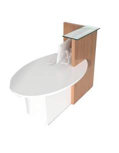 Mostrador compacto Ovo. Con mesa de atención al cliente y armario integrado.