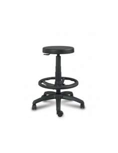 Taburete laboratorio. Con aro reposapiés regulable en altura. Asiento en poliuretano de alta resistencia. Color negro.