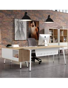 Mesa despacho Organova de Iman con faldón metálico blanco y mueble auxiliar con módulo hueco y 2 módulos cajón