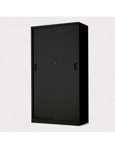 armario metálico negro con cerradura y puertas correderas